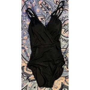 Coastal Blue Women's Black Tummy Control V Neck One Piece Swimsuit, XS